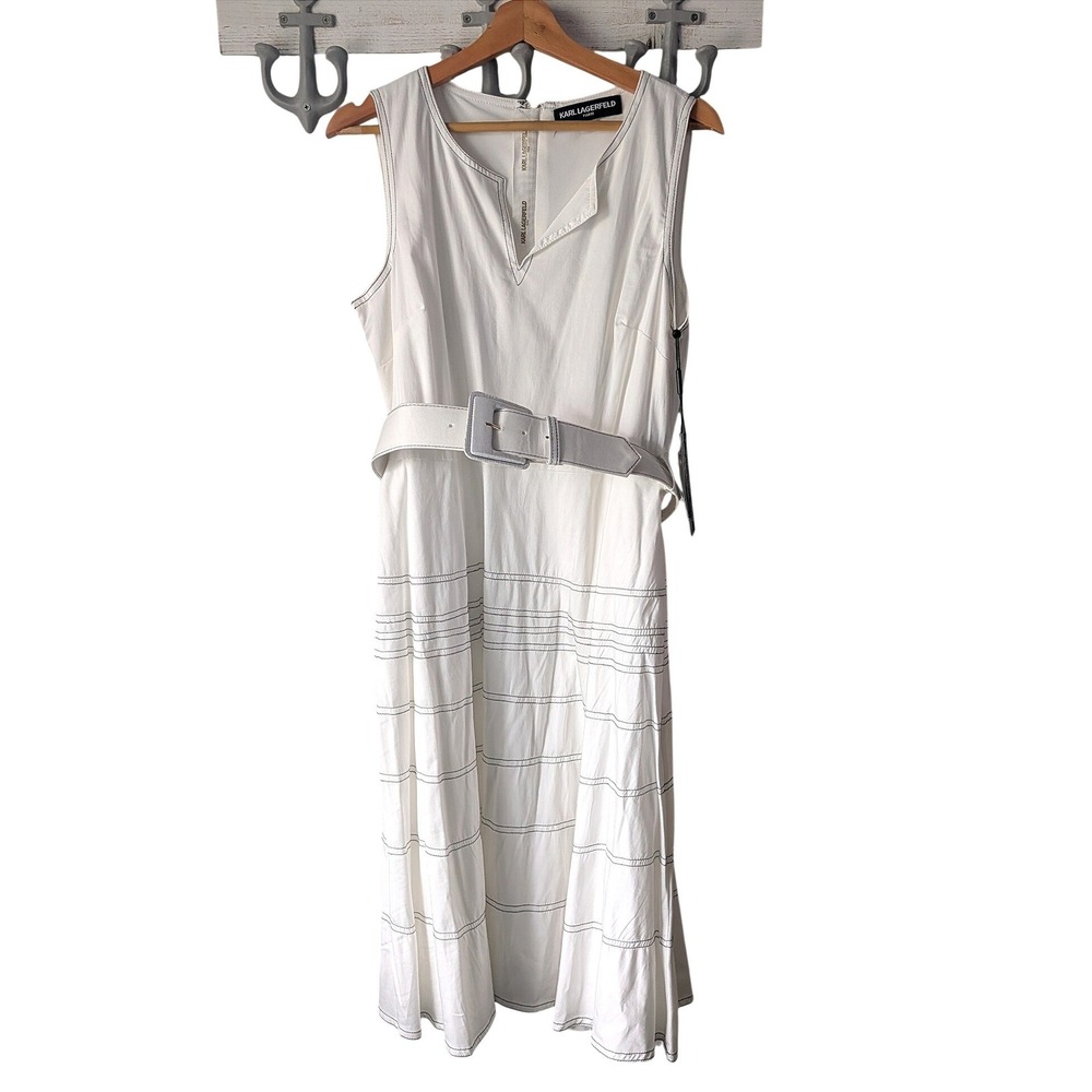 Karl Lagerfeld Paris Midi Dress Womens 12 White Belted Sleeveless NWT LDOAYFW3